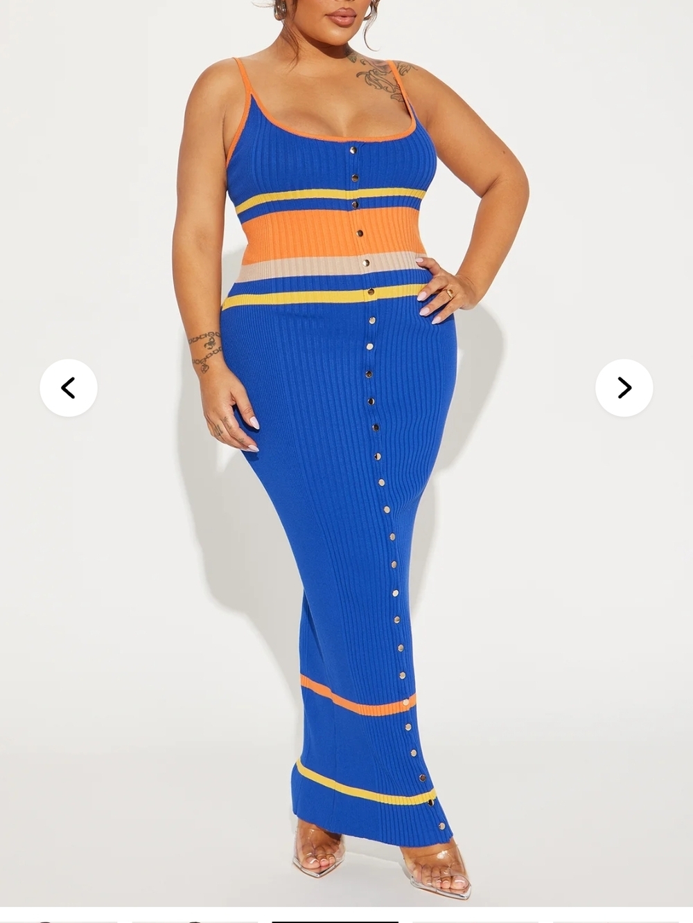 Ribbed Button-Front Maxi Skirt with Colorblock Stripes - Blue & Orange